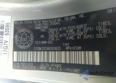 2008 Toyota Sienna Limited/Xle z USA, uszkodzony, nr VIN 5TDBK22C88S009625